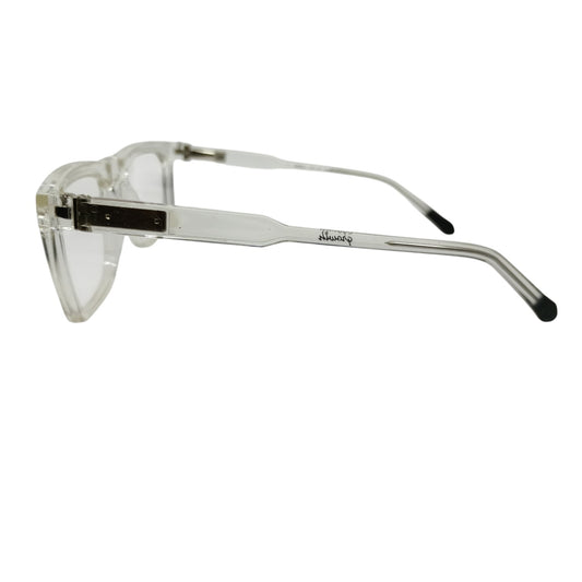 T20 Opticals Growth 1854 square eyeglasses in clear plastic with a side profile view of the temple and frame