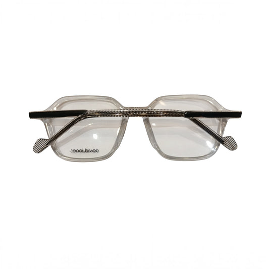 T20 Opticals David Jones DJ-2298 angular full-frame eyeglasses with clear acetate frames and black temple details.