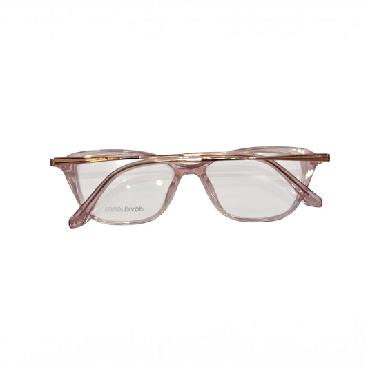 T20 Opticals David Jones DJ-0607 cat eye eyeglasses with a translucent pink TR90 frame and metallic gold temples.