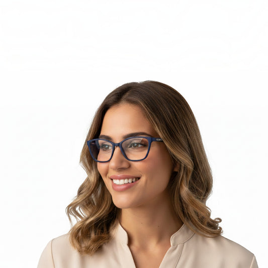 T20 Opticals EYRUS 3333 matte dark blue squared cat-eye glasses worn by a smiling woman against a white background