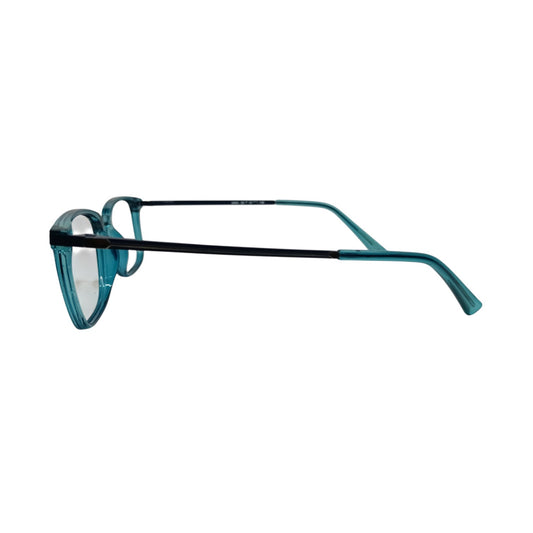 T20 Opticals Growth 1404 rectangular eyeglasses with teal plastic frames and slim black stainless steel temples.