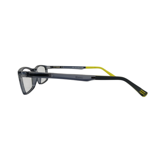 T20 Opticals Growth 1502 rectangular eyeglasses in translucent grey with black and yellow temple accents