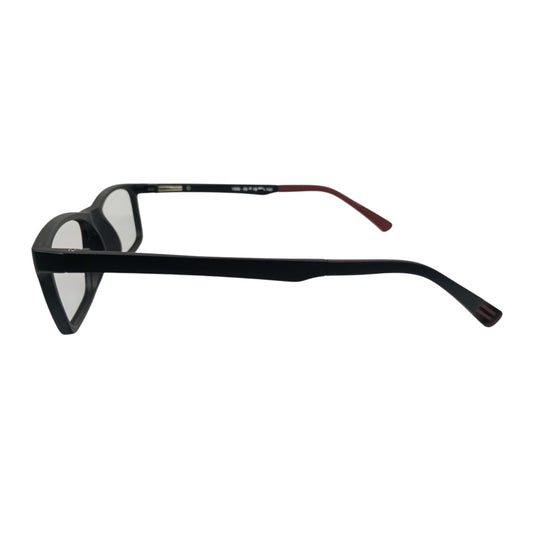 T20 Opticals Growth 1506 rectangular black plastic eyeglasses with red temple tips, side view