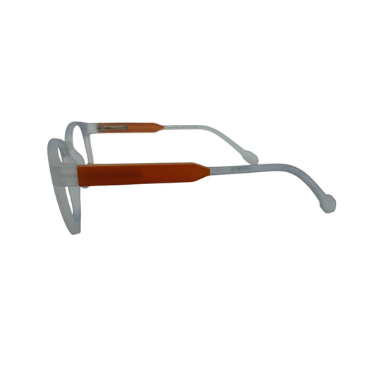T20 Opticals Growth 1901 Wayfarer eyeglasses with a translucent frame and contrasting orange temples, side view.