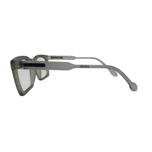 T20 Opticals Growth 1904 square eyeglasses in a translucent grey plastic frame, side profile view.