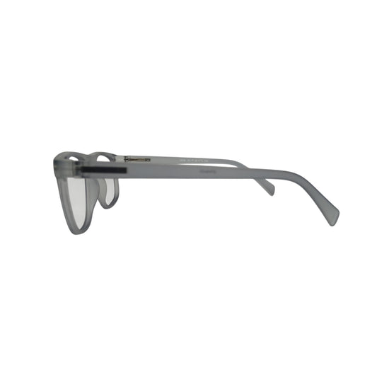 T20 Opticals Growth 1916 Wayfarer eyeglasses in a translucent grey plastic frame, side profile view.