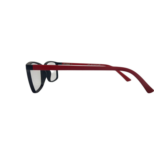T20 Opticals Growth 2030 rectangle eyeglasses with black frames and vibrant red temples in a side profile view.