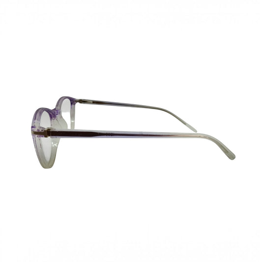 T20 Opticals Growth 23611 cat eye eyeglasses in translucent purple plastic, side profile view.