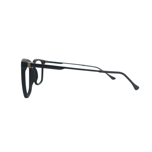 T20 Opticals Growth 3024 matte black Wayfarer eyeglasses with stainless steel temples, side profile view.