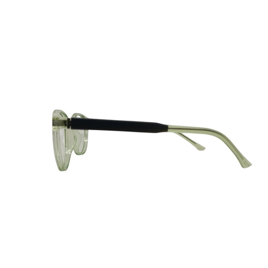 T20 Opticals Growth 4004 round eyeglasses with translucent green frames and contrasting black temples, side view.