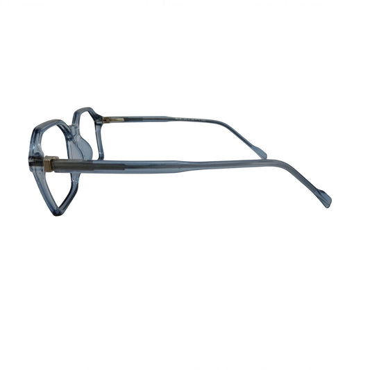 T20 Opticals Growth 5018 angular plastic eyeglasses in a translucent blue finish, side profile view.