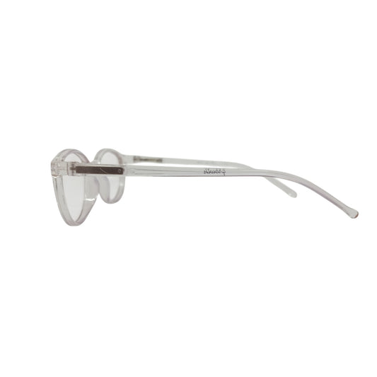 T20 Opticals Growth 2037 round clear plastic eyeglasses for girls, side view of lightweight full-frame design.