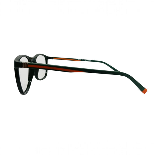 T20 Opticals Growth 20111 Wayfarer eyeglasses with black plastic frames and green and orange temple accents