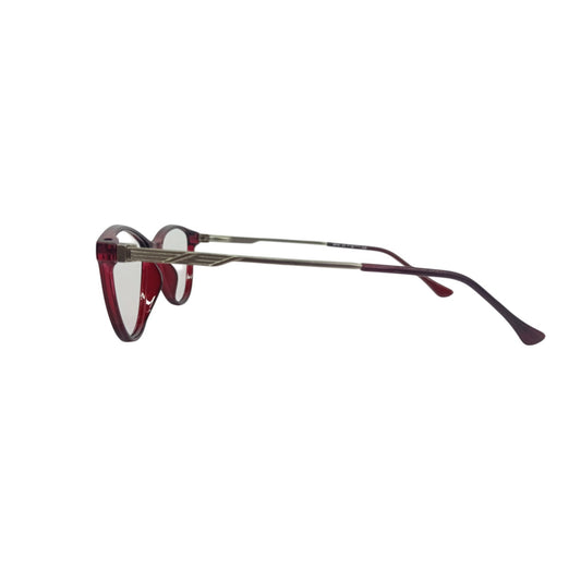T20 Opticals Growth 3016 round eyeglasses with a maroon plastic frame and slim stainless steel temples.