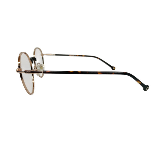 T20 Opticals Vintro Club GDM043 round eyeglasses with gold stainless steel frames and tortoiseshell acetate temples.