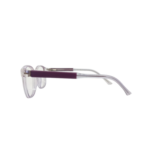 T20 Opticals Growth 1702 square eyeglasses featuring a clear plastic frame with purple temple accents