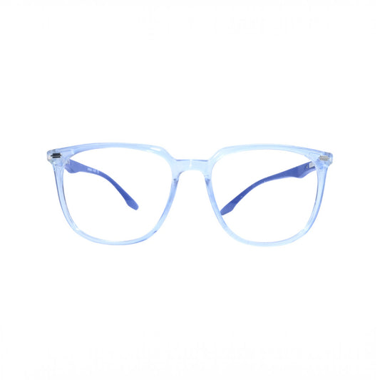T20 Opticals EYERUS 9982 men's square panto glasses with a transparent light blue plastic frame and dark blue temples.
