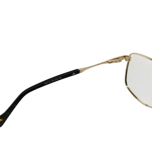 T20 Opticals Vintro Club cat eye eyewear frame featuring gold metal rims and black temples with model details