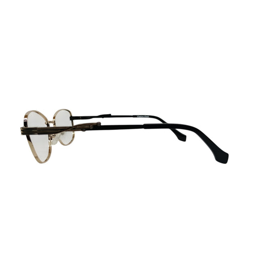 T20 Opticals Vintro Club cat-eye eyeglasses with gold stainless steel frames and black acetate temples, side view.