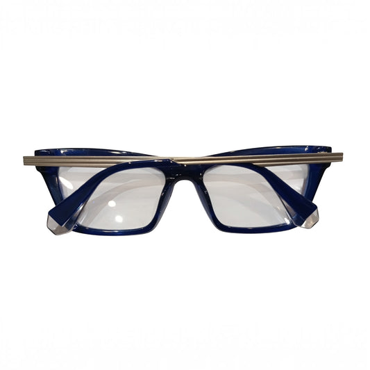 T20 Opticals Agnes Bi 2210 blue cat-eye eyeglasses with stainless steel temples and acetate full-frame construction.
