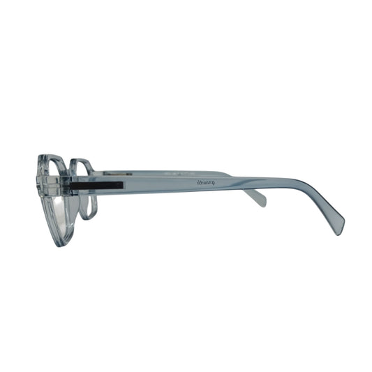 T20 Opticals Growth 1913 angular eyeglasses for boys in a translucent grey plastic full-frame design, side view.