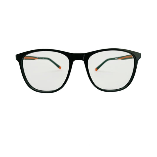 T20 Opticals Growth 20111 black Wayfarer eyeglasses with plastic frames and orange accents on the inner temples.