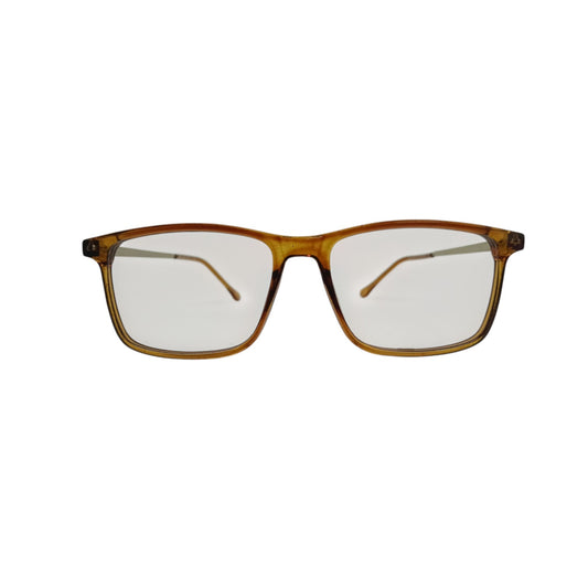T20 Opticals Growth 3015 rectangular eyeglasses with a translucent brown plastic frame and slim metal temples.