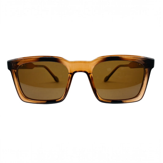 T20 Opticals Growth M-1904 wayfarer sunglasses with a translucent brown tortoise shell plastic frame and brown lenses.