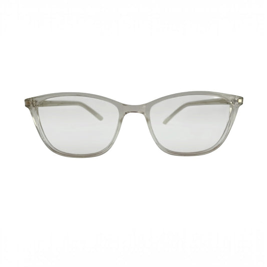 T20 Opticals Growth 23610 cat-eye eyeglasses in a clear translucent plastic frame for a contemporary feminine look.
