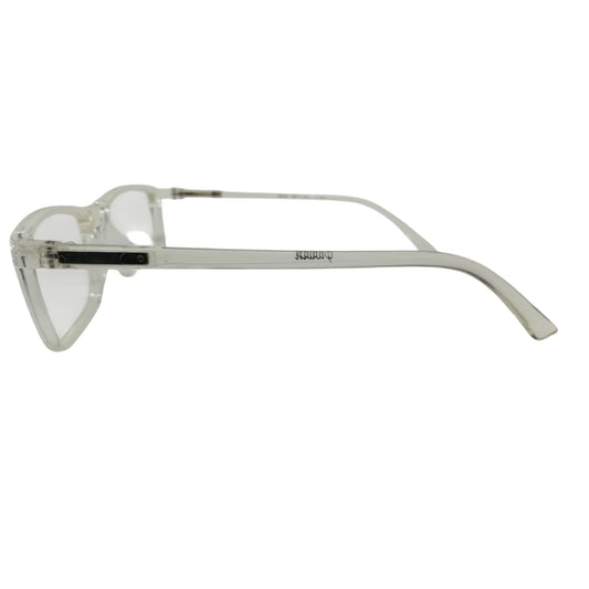T20 Opticals Growth 2022 rectangle eyeglasses with a clear plastic frame and temples, side profile view.