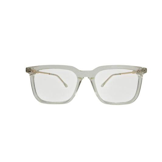 T20 Opticals Growth 3023 square eyeglasses featuring a clear transparent frame and slim stainless steel temples.