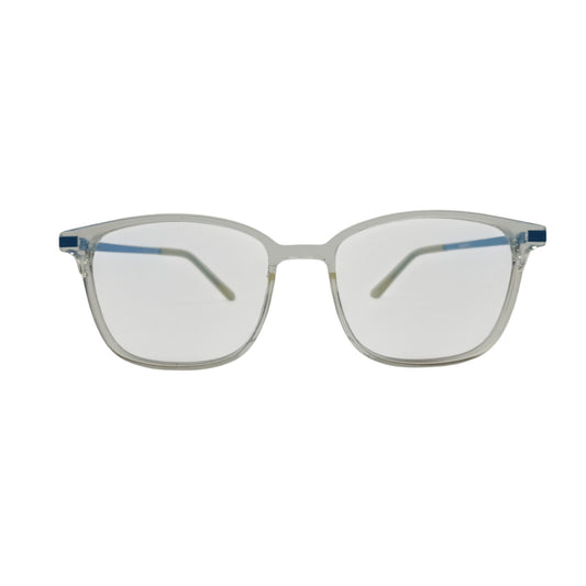 T20 Opticals Growth 1407 wayfarer eyeglasses with a clear plastic frame and stainless steel temples