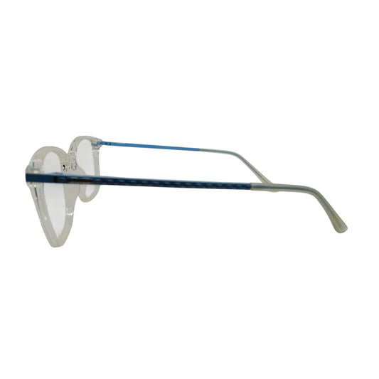 T20 Opticals Growth 1407 wayfarer eyeglasses featuring a clear plastic frame and blue stainless steel temples