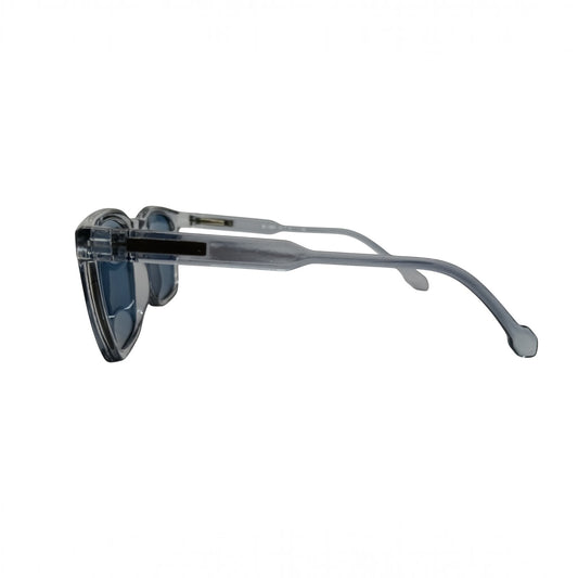 T20 Opticals Growth M-1907 wayfarer sunglasses with a clear plastic frame and blue tinted lenses, side profile view.