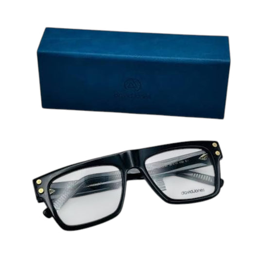 T20 Opticals David Jones DJ-2330 angular black full-frame eyeglasses with a blue protective case