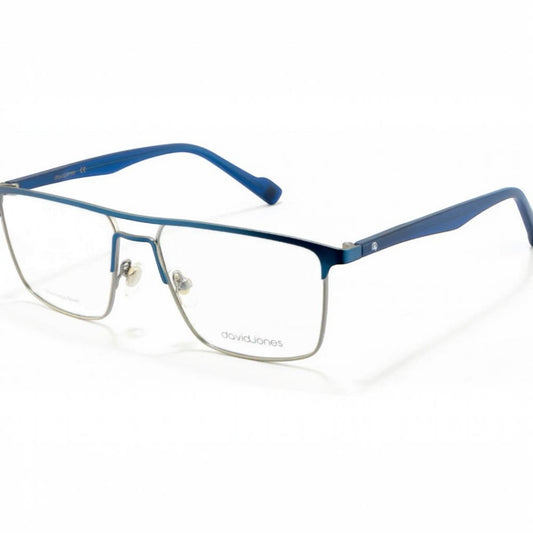 T20 Opticals David Jones DJ-0407 aviator eyeglasses featuring a blue and silver stainless steel full-frame design.