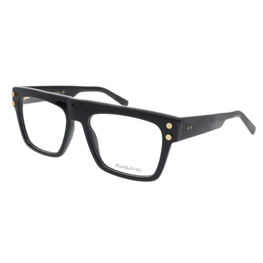 T20 Opticals David Jones DJ-2330 black angular full-frame eyeglasses with gold-tone rivet accents on acetate temples.
