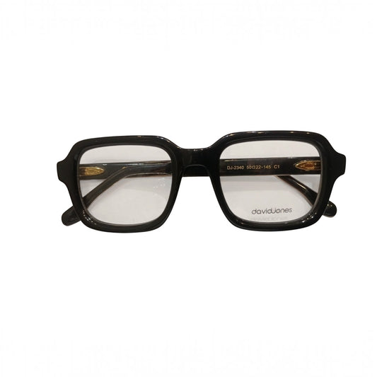 T20 Opticals David Jones DJ-2340 black acetate square full-frame eyeglasses for men with gold temple detailing