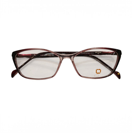T20 Opticals David Jones MOD.08017 cat eye eyeglasses with a translucent burgundy frame and stainless steel temples.