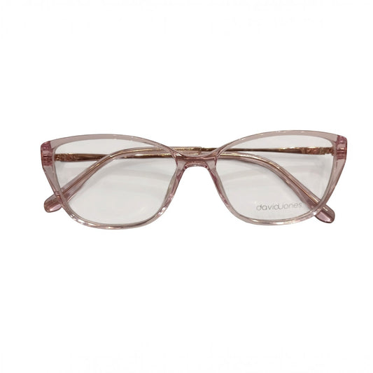 T20 Opticals David Jones DJ-0607 cat eye eyeglasses in translucent pink with stainless steel temples