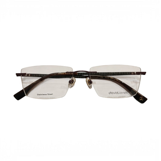 T20 Opticals David Jones DJ-0553 rimless rectangle eyeglasses with dark carbon fiber temples and stainless steel bridge
