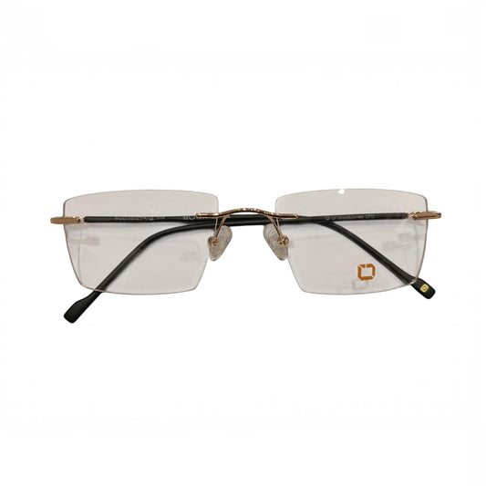 T20 Opticals David Jones MOD.08023 rimless rectangular eyeglasses with gold-tone metal bridge and black TR90 temples.