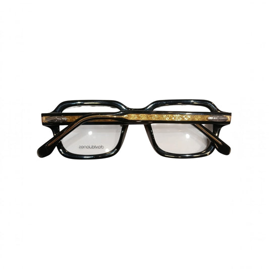 T20 Opticals David Jones DJ-2340 black square full-frame eyeglasses with decorative gold-tone temple detailing.