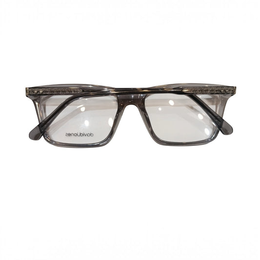 T20 Opticals David Jones DJ-2332 square full-frame eyeglasses in translucent grey acetate with textured temples.