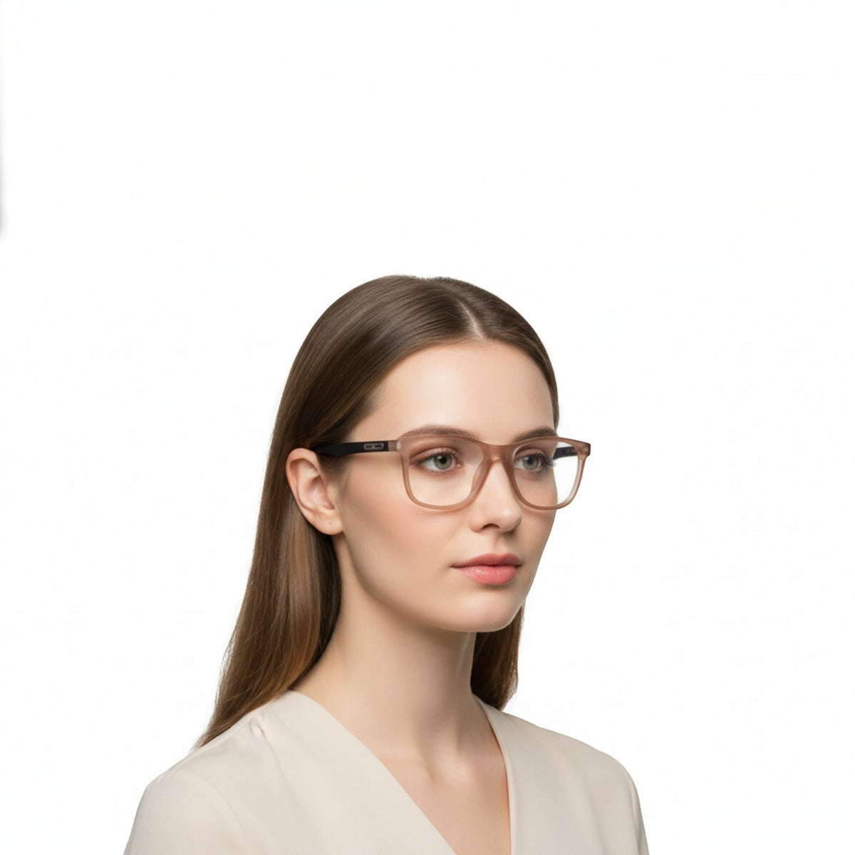 T20 Opticals EYERUS 17009 women's two-tone wayfarer glasses with a light pink plastic frame on a model.