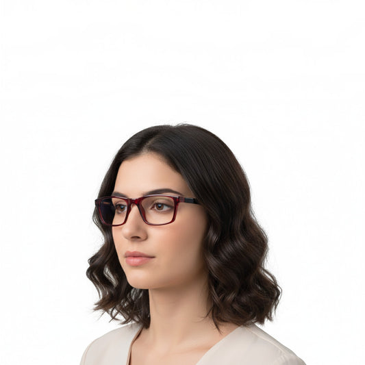 T20 Opticals EYERUS 3326 women's rectangle full-rim glasses in transparent wine red plastic on a model