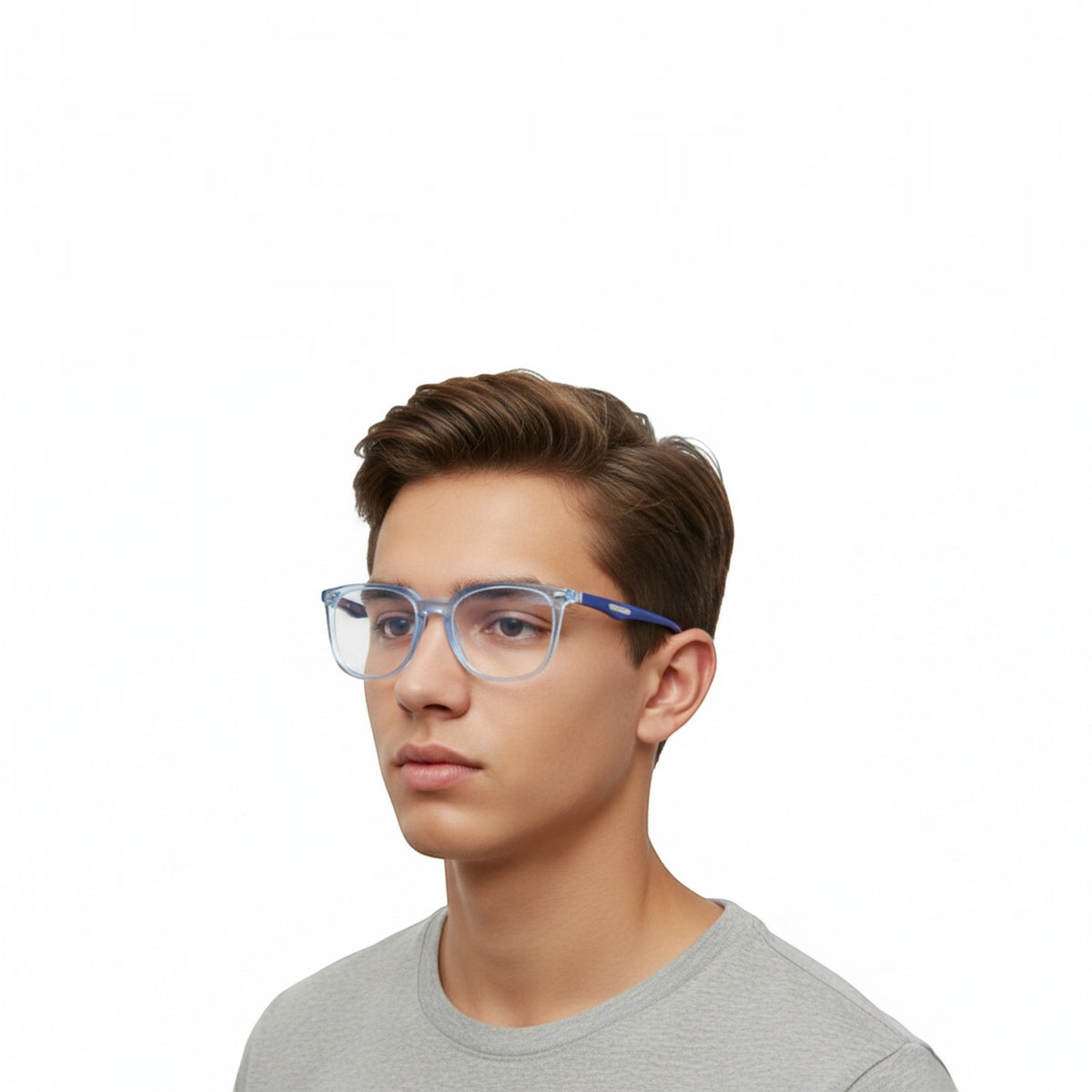 T20 Opticals EYERUS 9982 square panto glasses with transparent blue front and dark blue temples worn by a young man