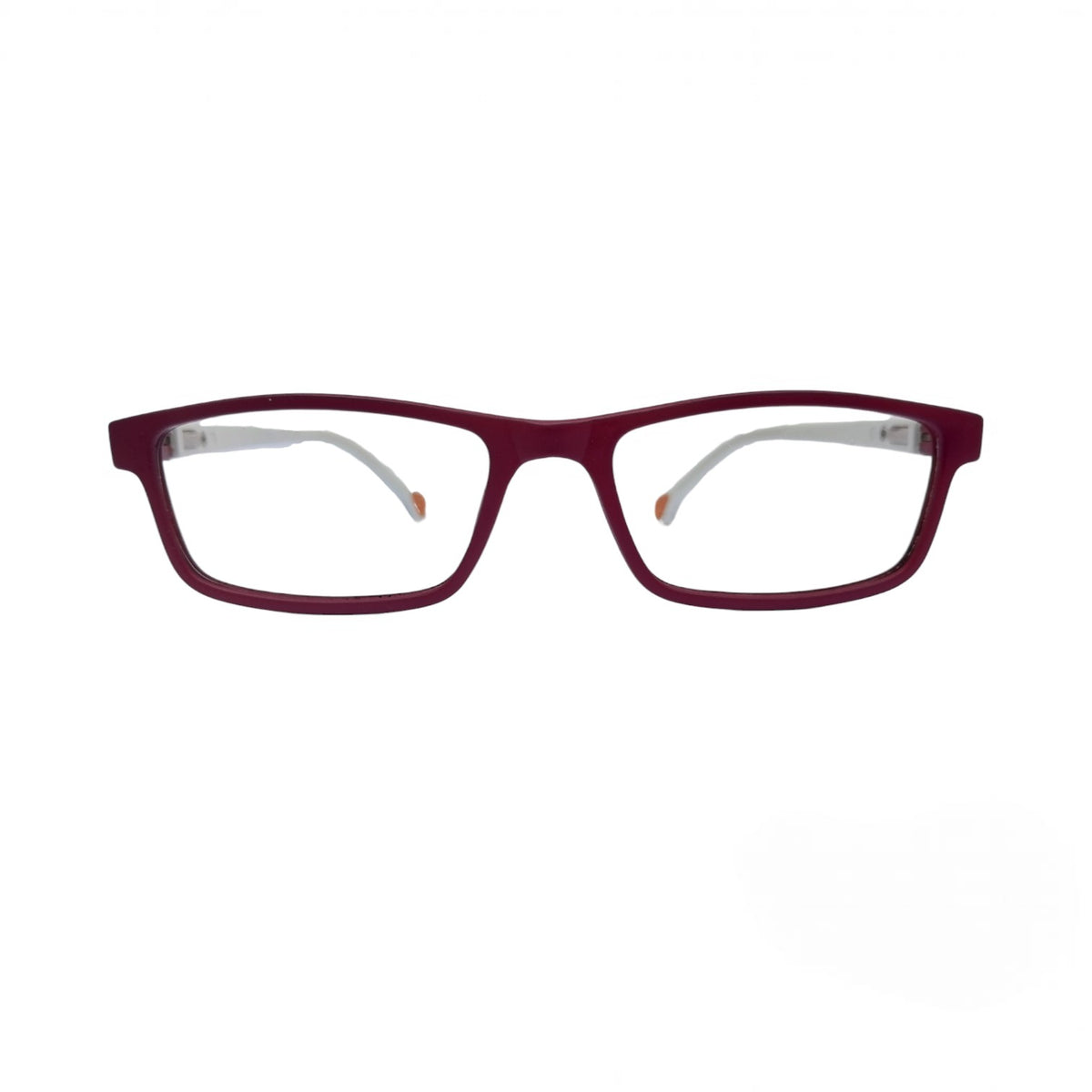 T20 Opticals EYERUS KIDS 3340 rectangle junior glasses with a maroon front and white temples in a durable plastic frame.