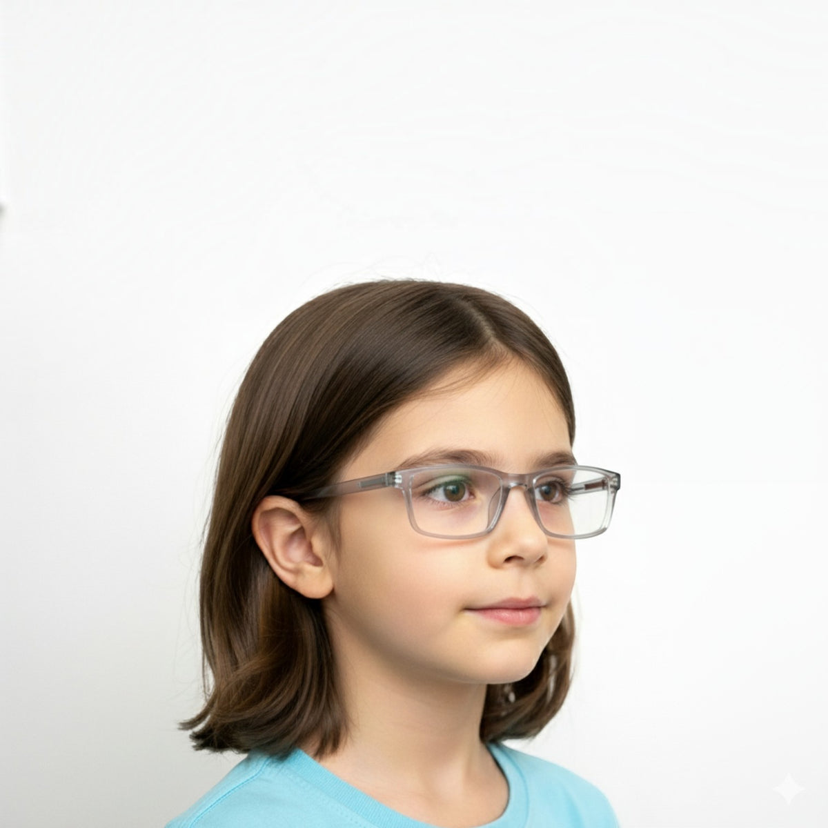A young girl wearing T20 Opticals EYERUS KIDS 3340 two-tone rectangular plastic glasses with a clear frame