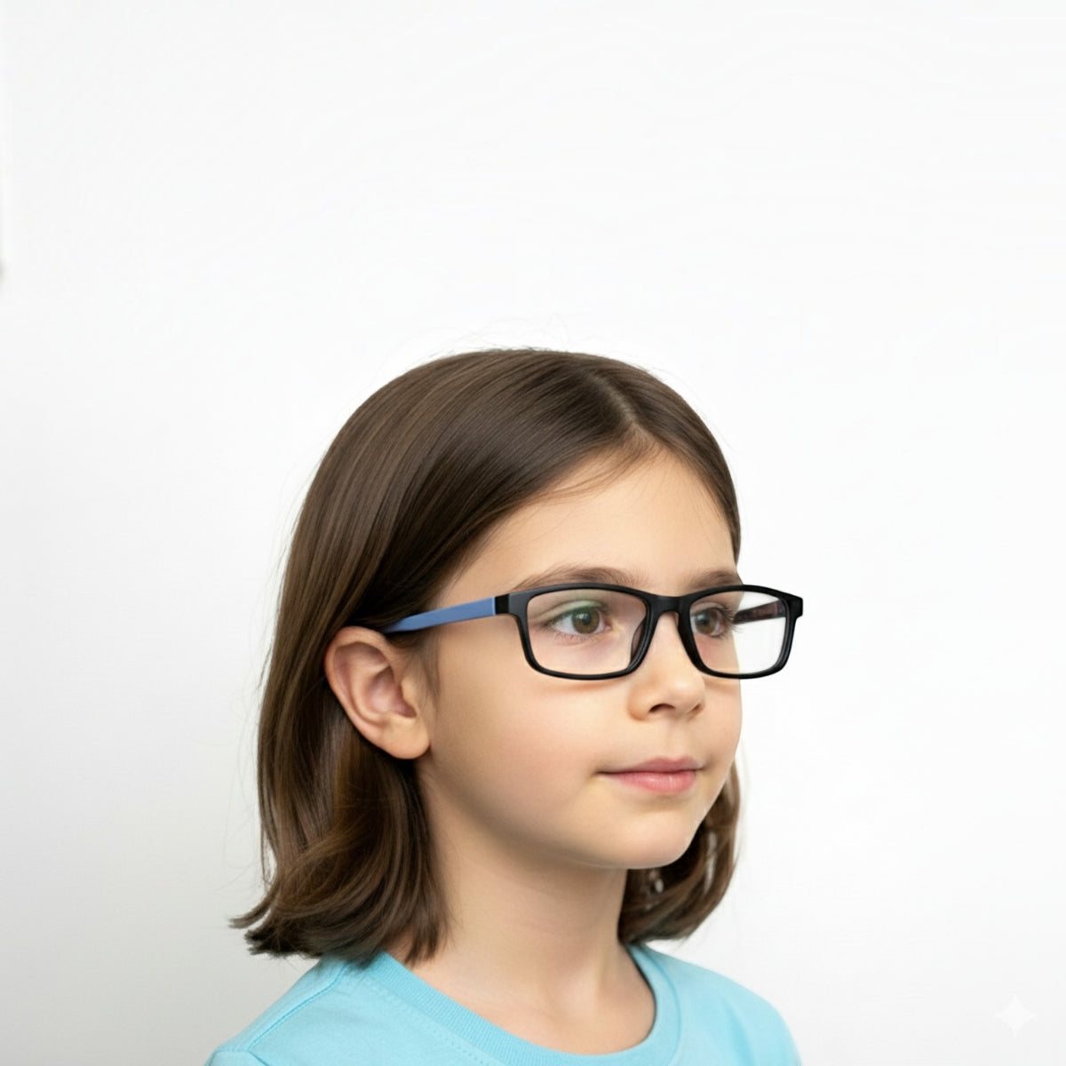 A young girl wearing T20 Opticals EYERUS KIDS 3340 two-tone rectangular plastic glasses with black and blue frames.